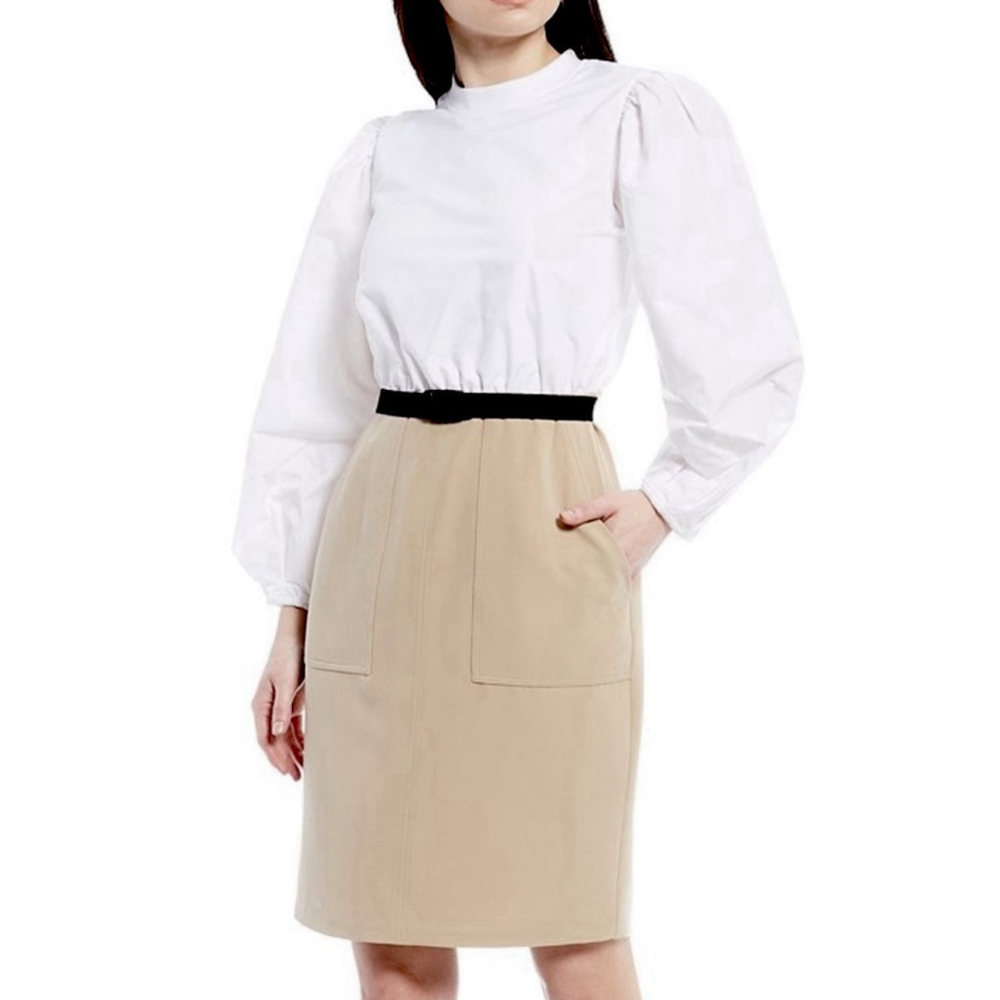 Nation LDT Alecia 2 Tone Puff Sleeve Mini Dress XS/0 Belted White & Tan Belt